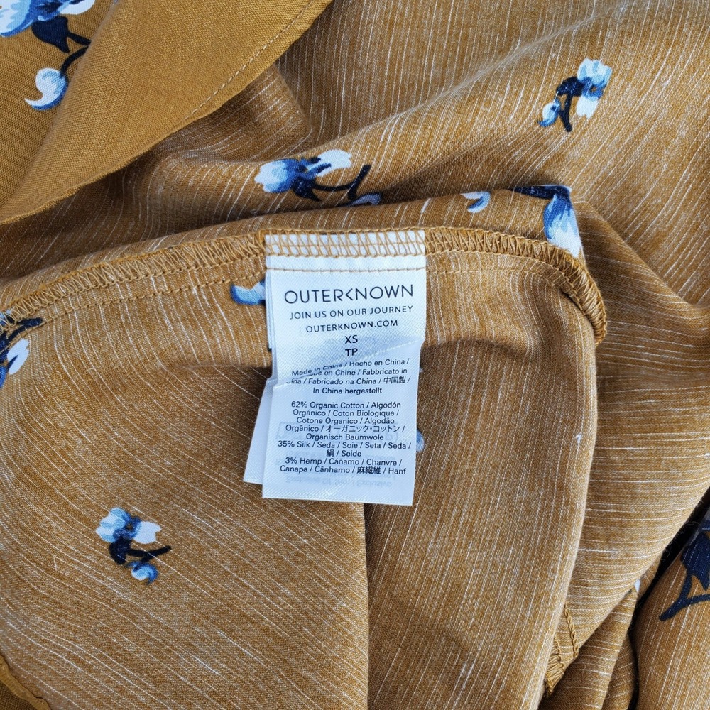 Outerknown Wildflower Dress Womens XS Gold Mustard Floral Silk Organic Cotton‎ - Picture 6 of 10